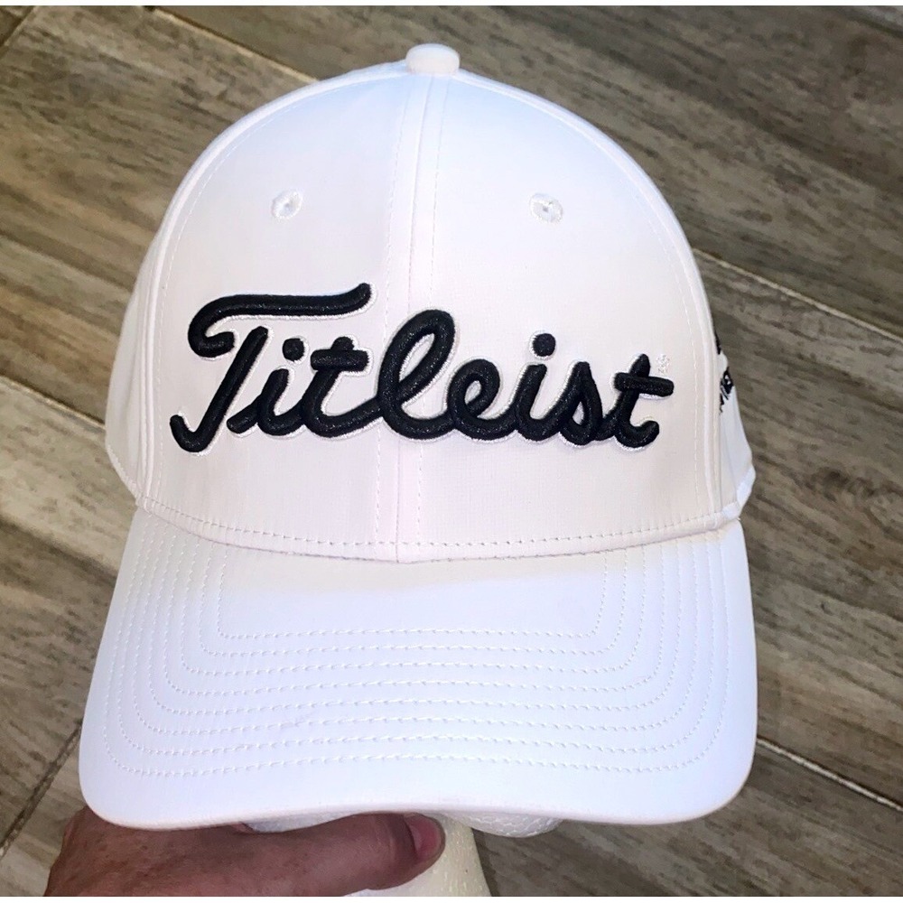 Titleist Tour Performance Golf Hat White Adjustable Navy Script Logo UPF 50 NWT